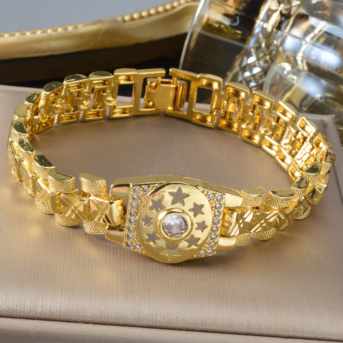Middle Eastern Directional Zirconia Hollow Starburst Watch Chain Bracelet